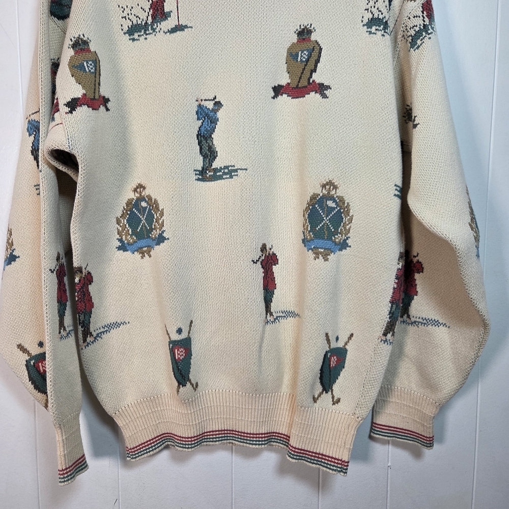 Vtg Neiman Marcus Cotton Golf Print Sweater Size Large Union Made Made In USA - Picture 7 of 16
